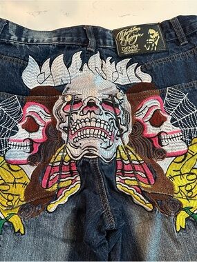 Christian Audigier Embroidered Skull Panel Jeans - Limited Edition
